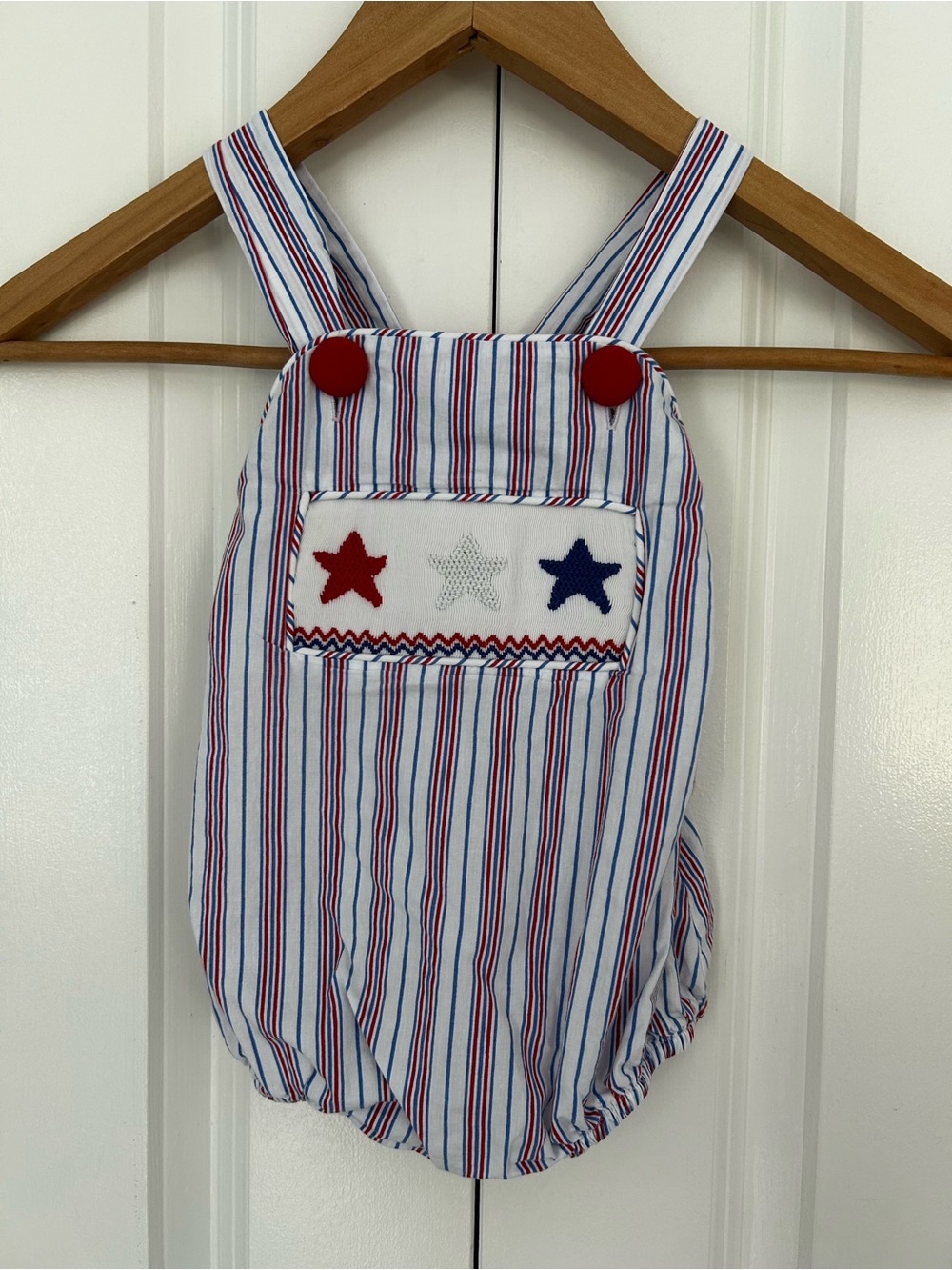 Stitchy Fish Oh My Stars Bubble Romper Smocked Embroidered Stars Patriotic 12 mo